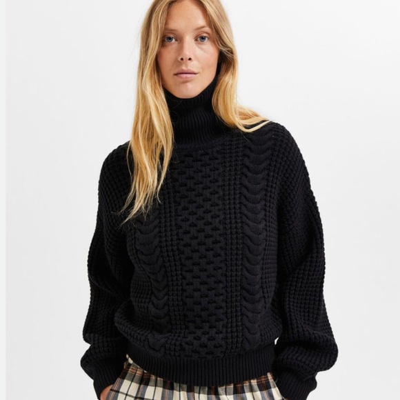 Selected Femme/Homme Cable knit Sweater Chunky Black Turtleneck Cotton blend M - Picture 2 of 14